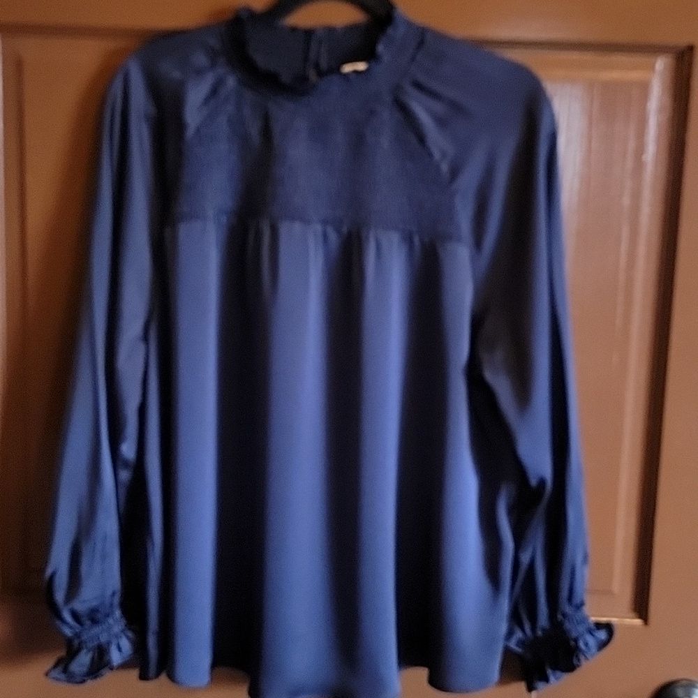 Nanette Lepore-Navy silky satin blouse high neck Long sleeved Size XL. NWT.